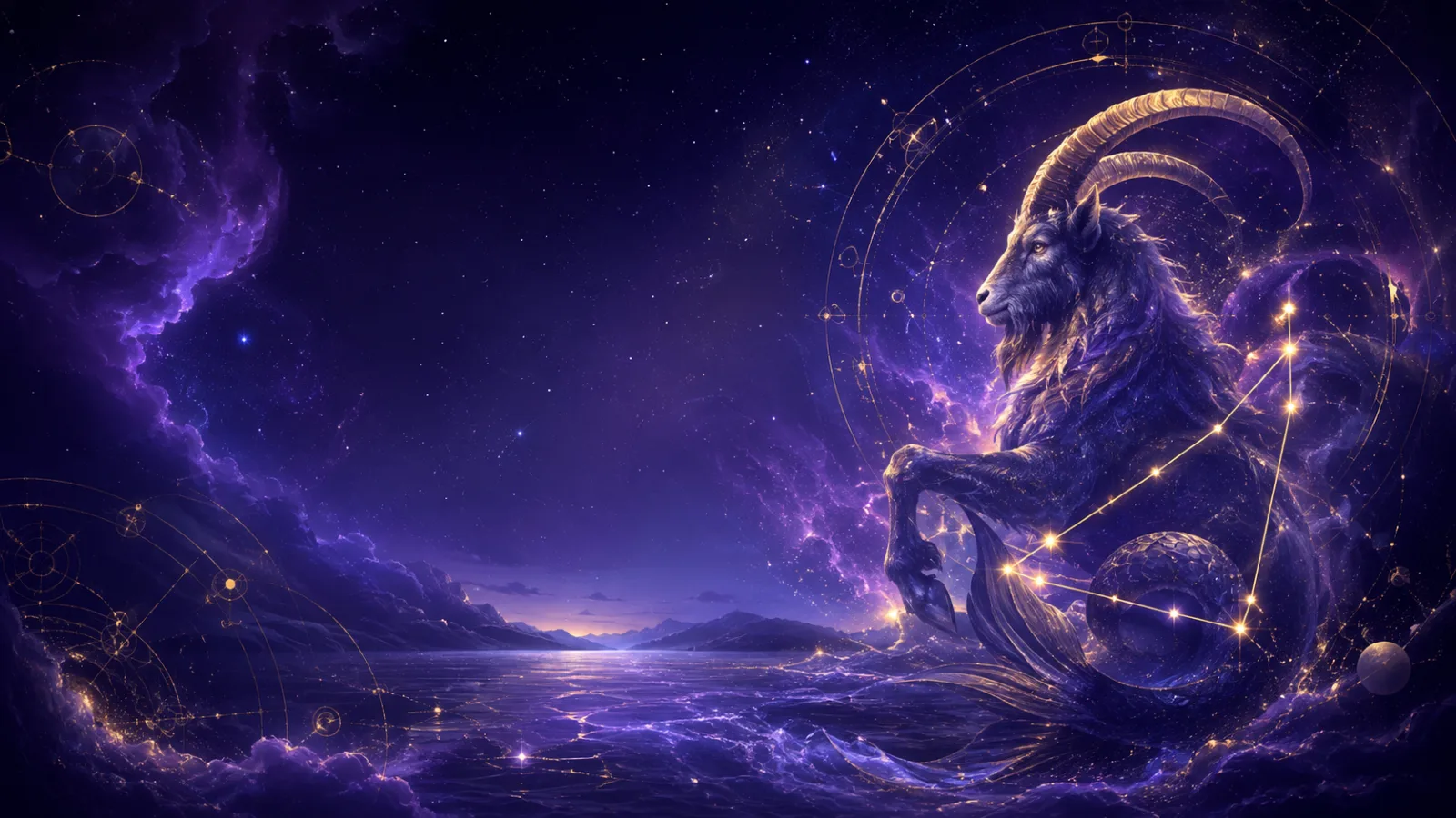 Capricorn zodiac constellation over a cosmic sky